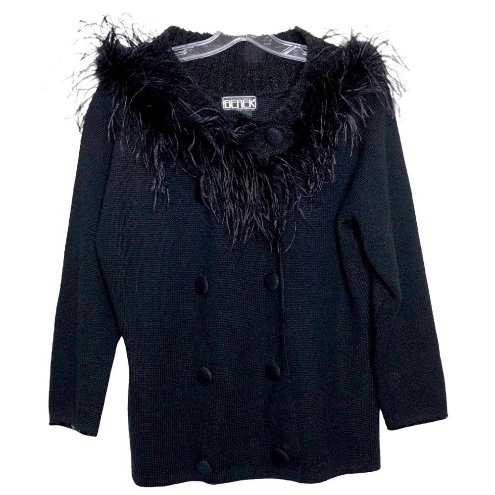 NEW - BEREK by TAKAKO SAKON Black Wool Sweater w/ Feathers & Sequins Size Large